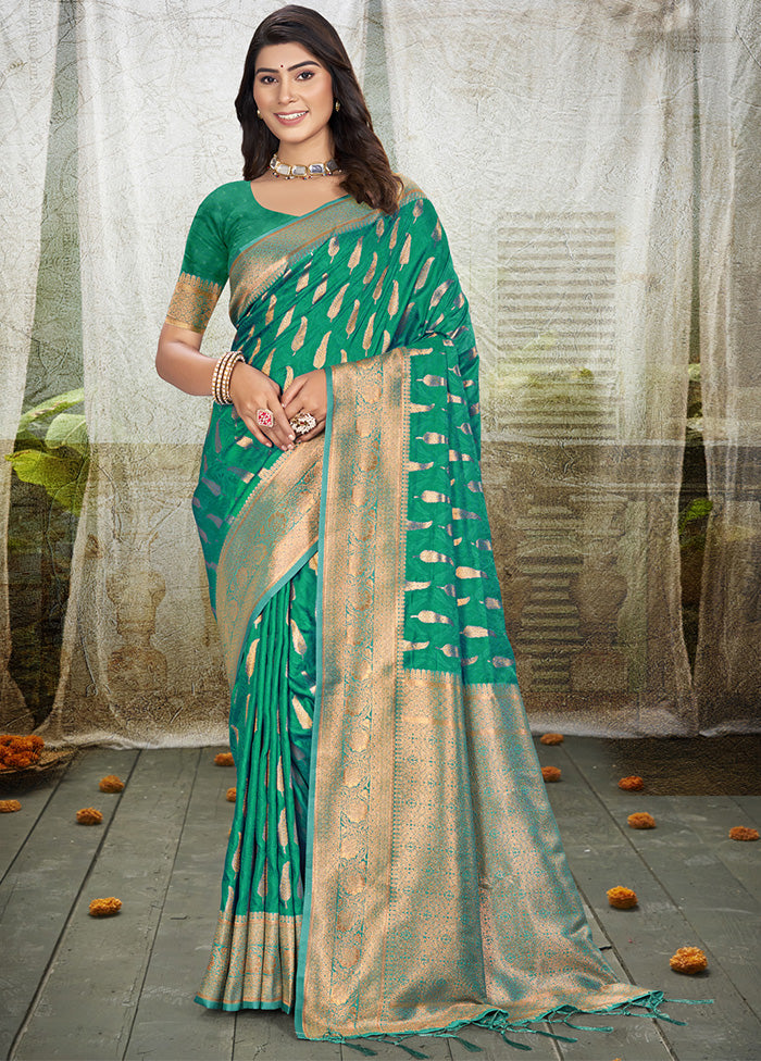 Rama Green Spun Silk Saree With Blouse Piece