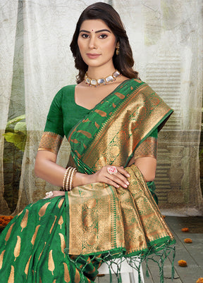 Green Spun Silk Saree With Blouse Piece