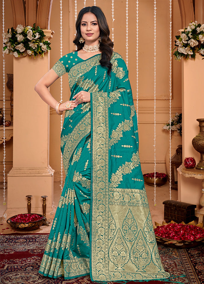 Turquoise Dupion Silk Saree With Blouse Piece