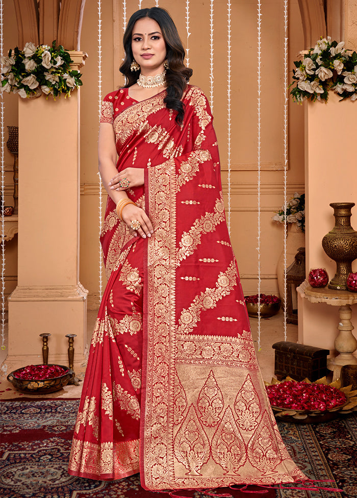 Red Dupion Silk Saree With Blouse Piece