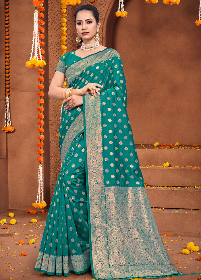 Turquoise Dupion Silk Saree With Blouse Piece