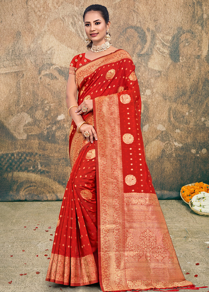 Red Dupion Silk Saree With Blouse Piece