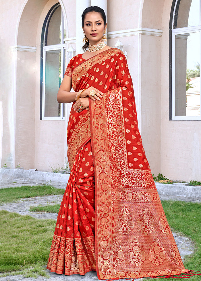 Red Dupion Silk Saree With Blouse Piece