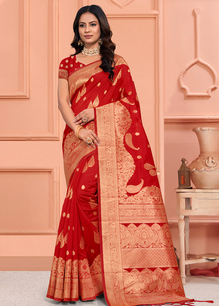 Red Dupion Silk Saree With Blouse Piece