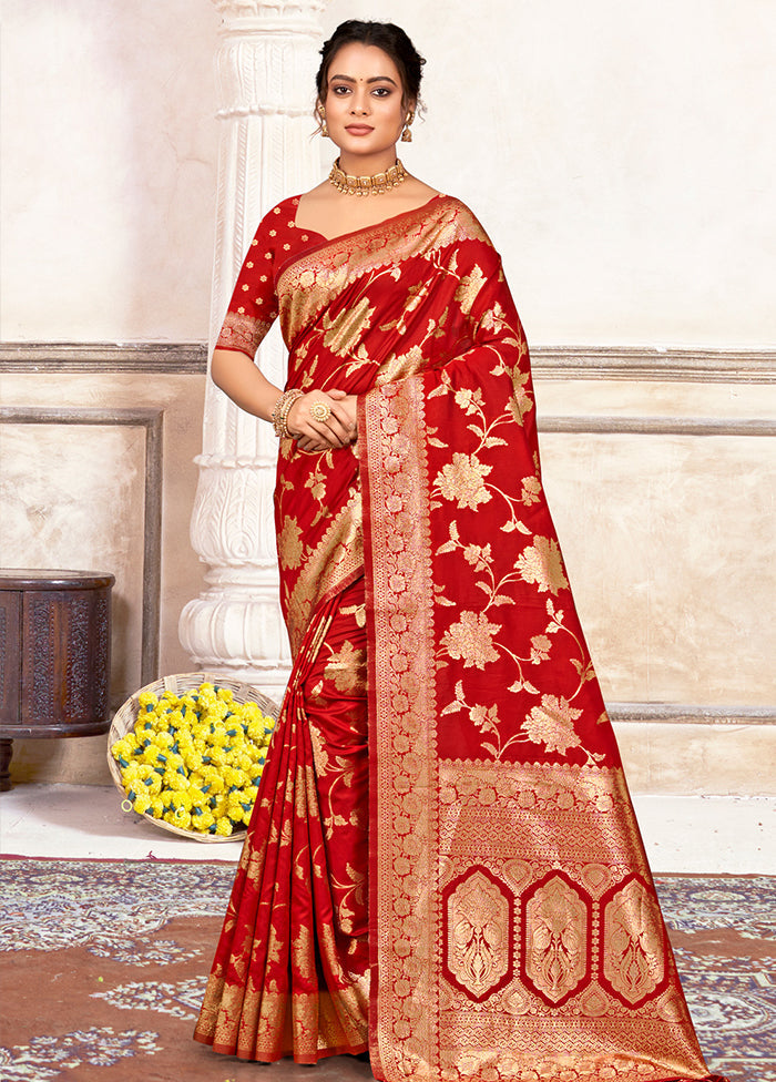 Red Dupion Silk Saree With Blouse Piece