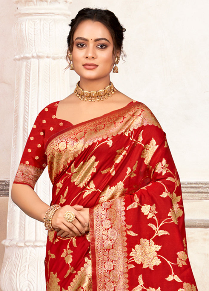 Red Dupion Silk Saree With Blouse Piece