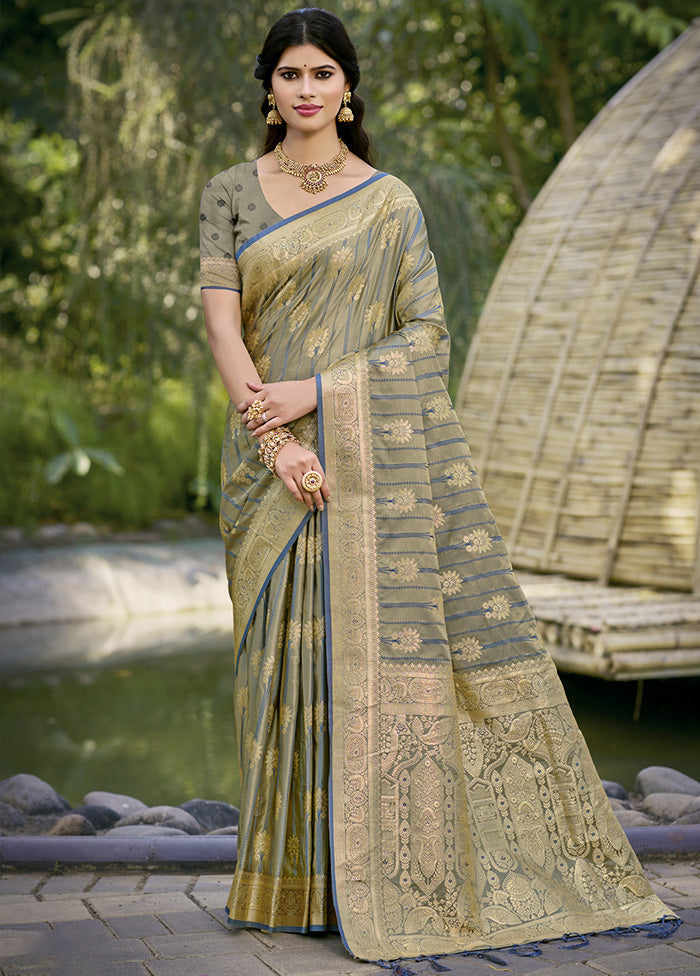 Grey Spun Silk Saree With Blouse Piece