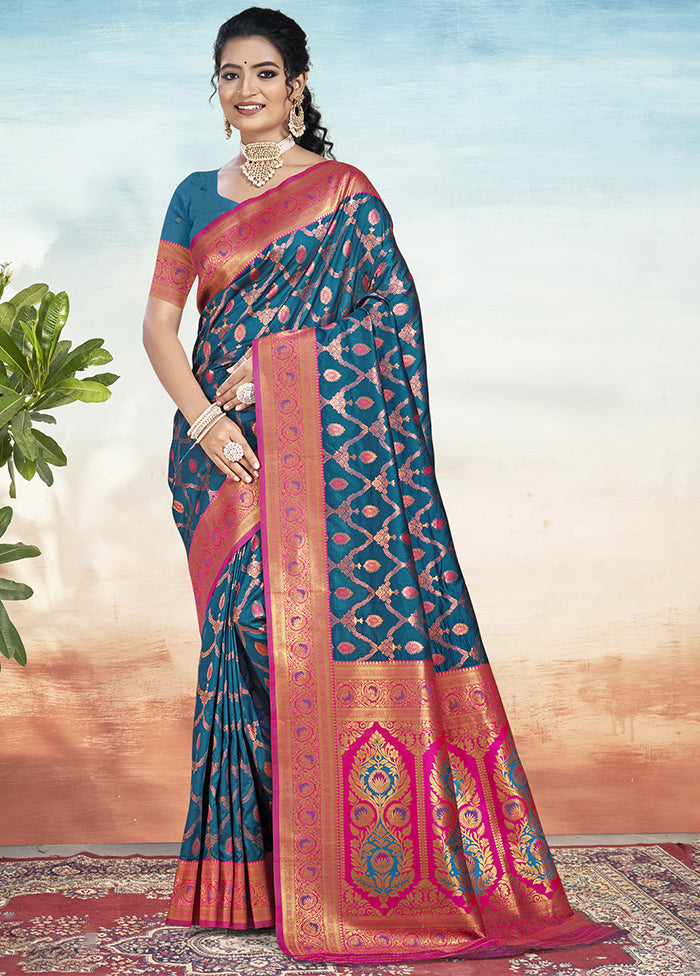 Blue Dupion Silk Saree With Blouse Piece