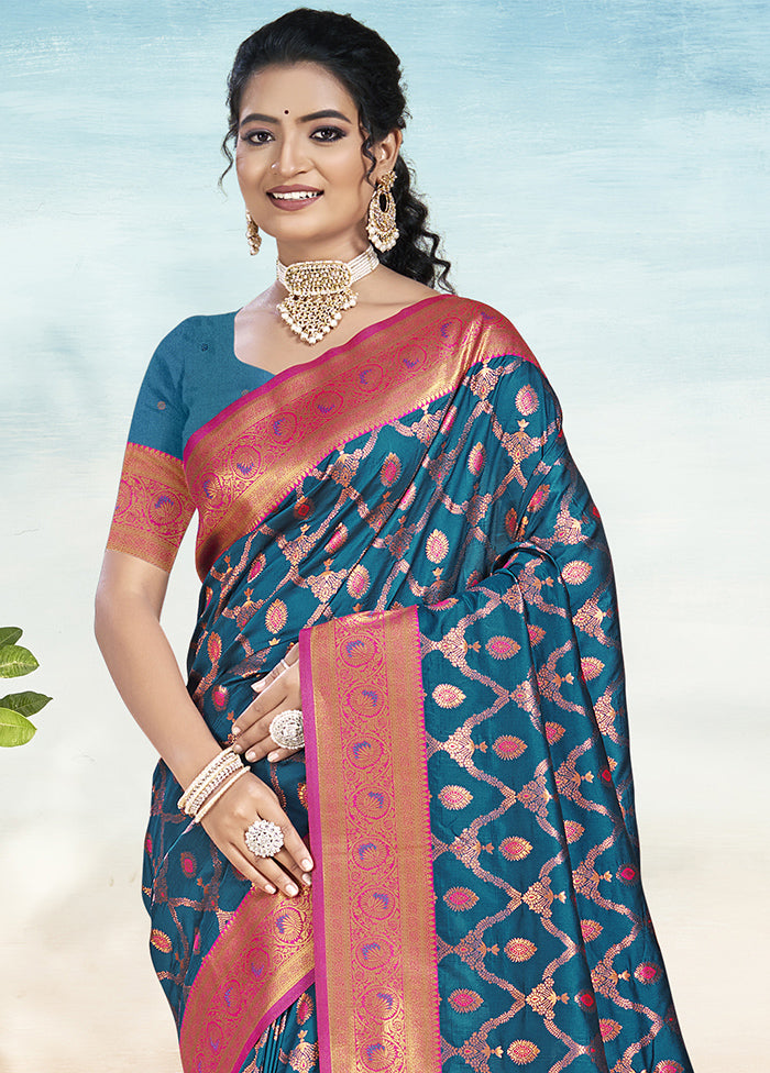 Blue Dupion Silk Saree With Blouse Piece