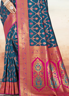 Blue Dupion Silk Saree With Blouse Piece