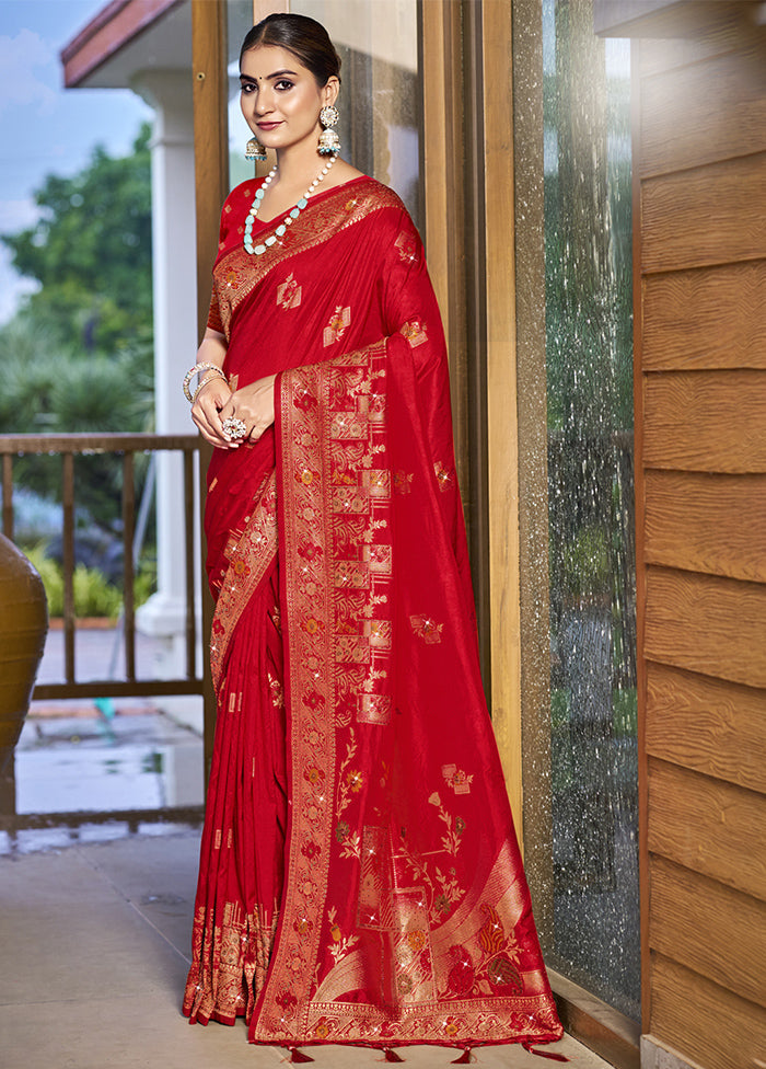 Red Dupion Silk Saree With Blouse Piece