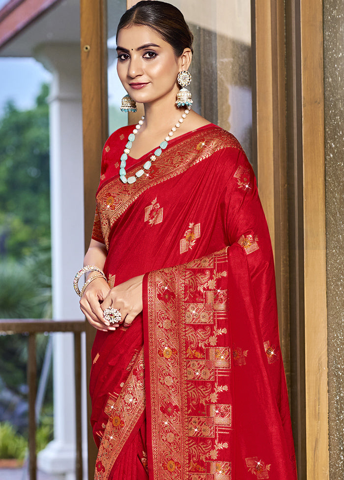 Red Dupion Silk Saree With Blouse Piece