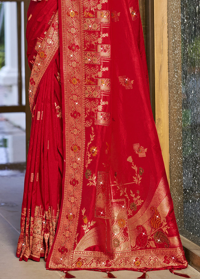 Red Dupion Silk Saree With Blouse Piece