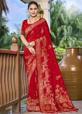 Red Dupion Silk Saree With Blouse Piece