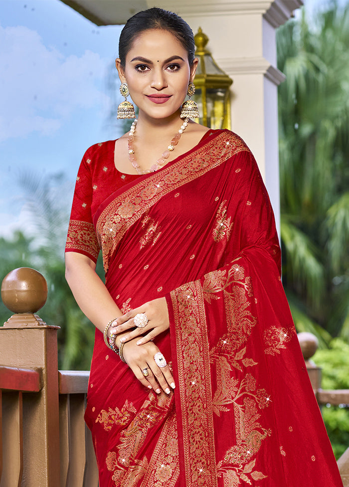 Red Dupion Silk Saree With Blouse Piece