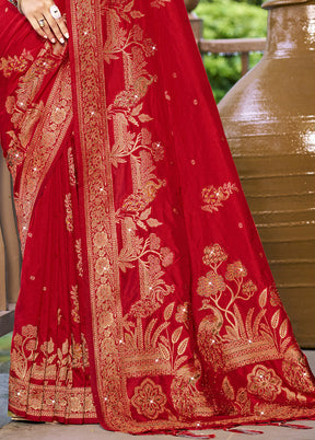 Red Dupion Silk Saree With Blouse Piece