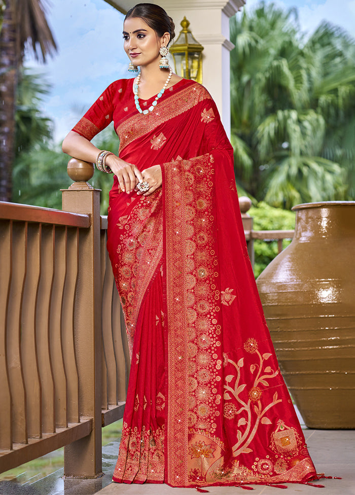 Red Dupion Silk Saree With Blouse Piece