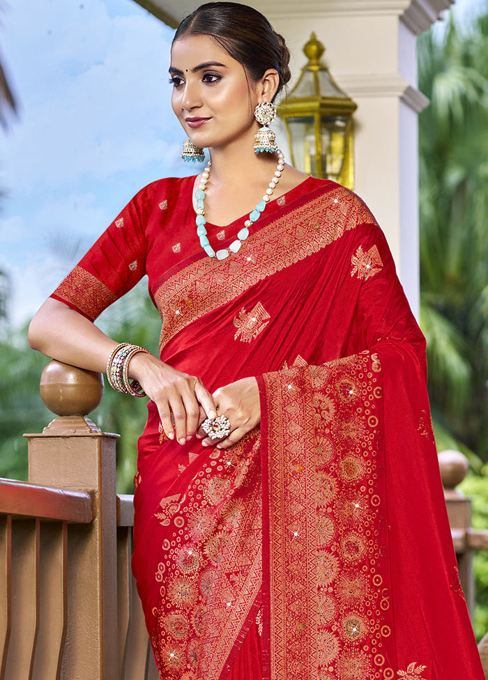 Red Dupion Silk Saree With Blouse Piece