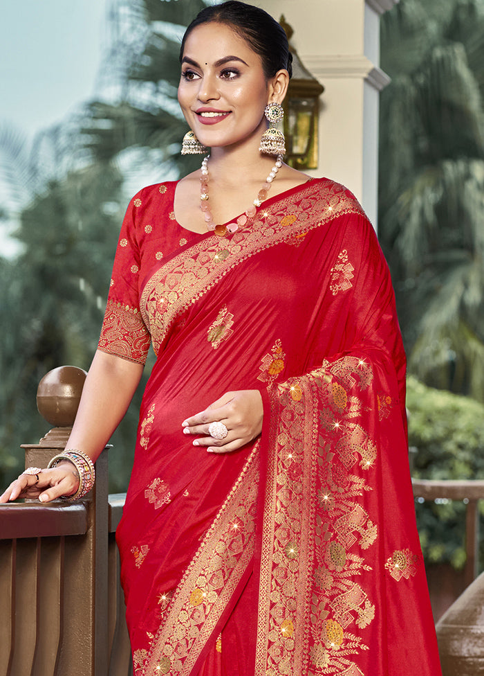 Red Dupion Silk Saree With Blouse Piece