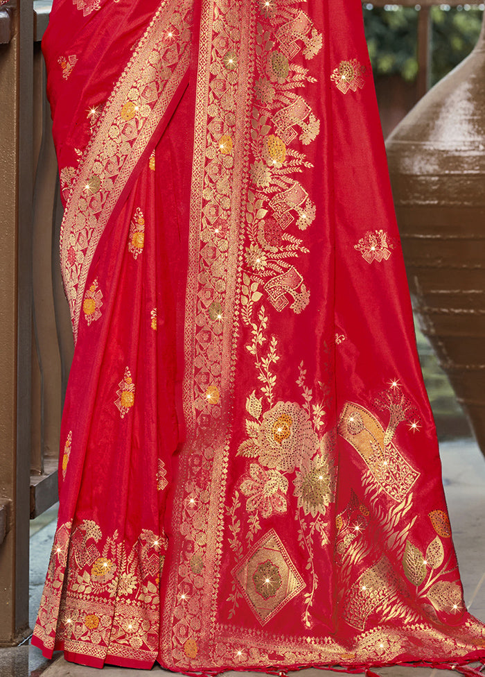 Red Dupion Silk Saree With Blouse Piece