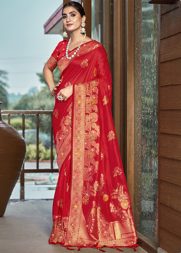 Red Dupion Silk Saree With Blouse Piece