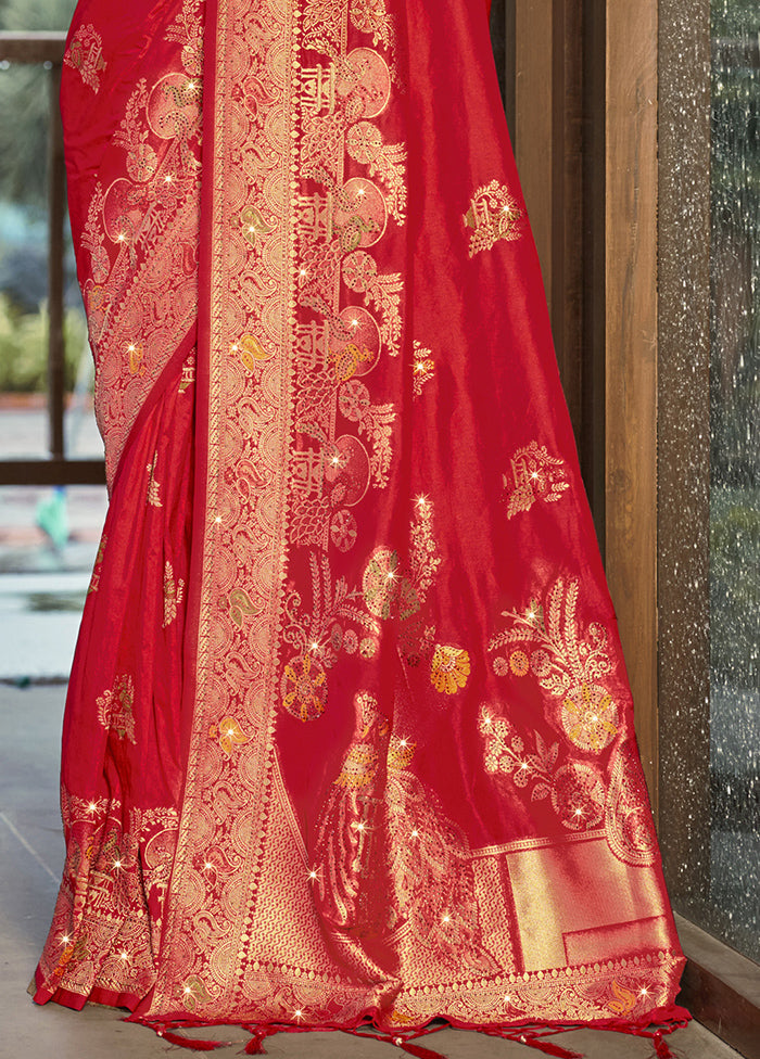 Red Dupion Silk Saree With Blouse Piece