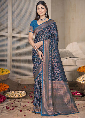 Blue Spun Silk Saree With Blouse Piece