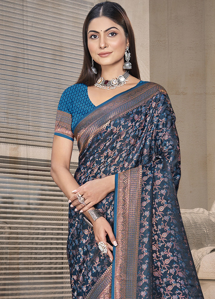 Blue Spun Silk Saree With Blouse Piece