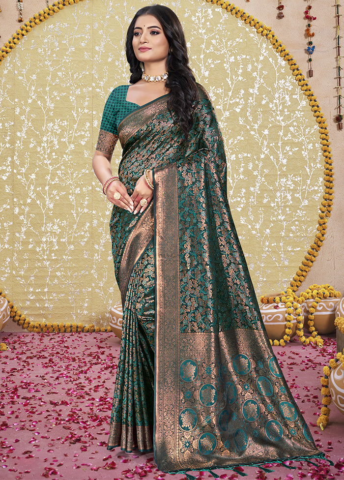 Rama Green Spun Silk Saree With Blouse Piece