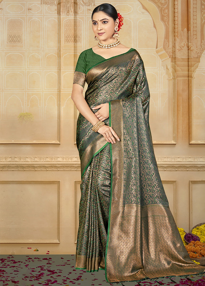 Green Spun Silk Saree With Blouse Piece