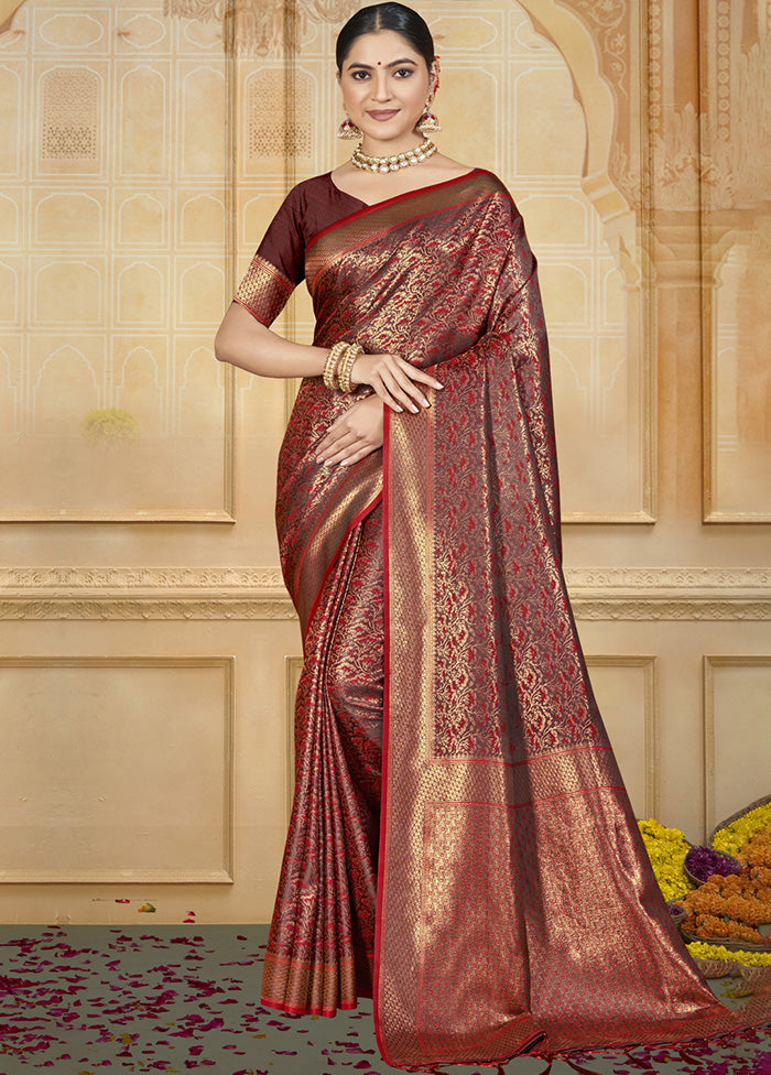 Maroon Spun Silk Saree With Blouse Piece