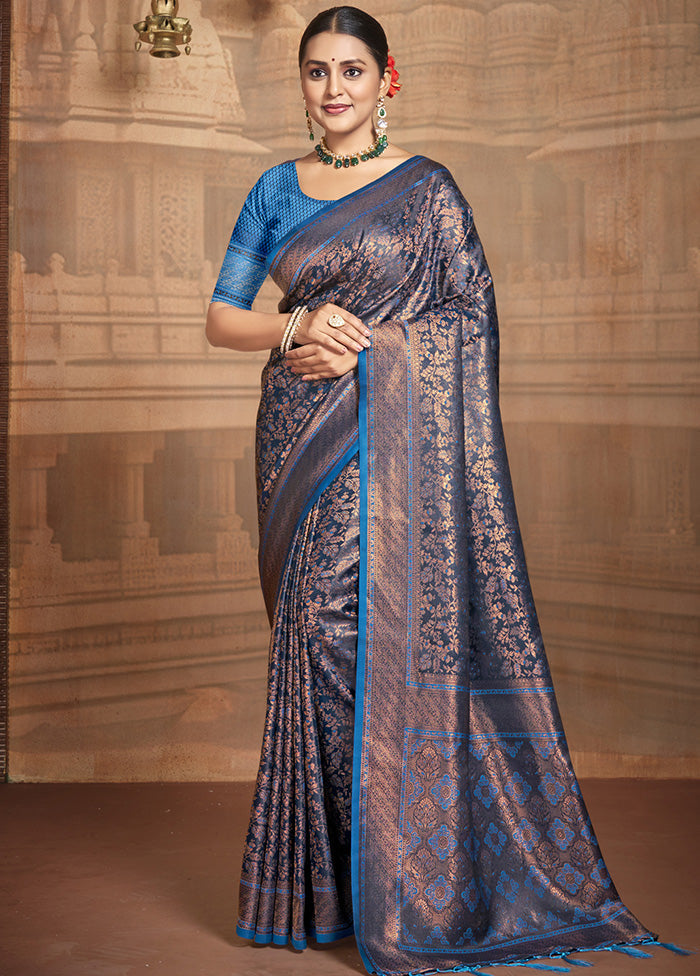 Blue Spun Silk Saree With Blouse Piece