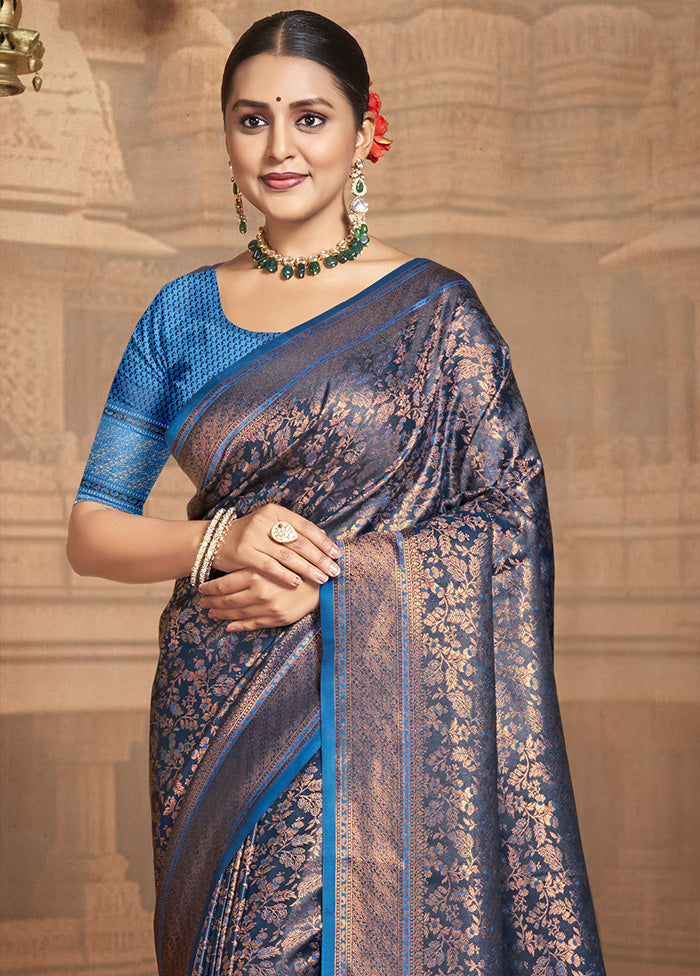 Blue Spun Silk Saree With Blouse Piece