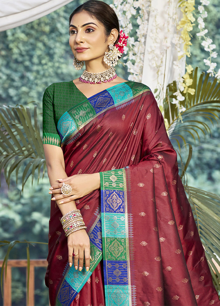 Maroon Dupion Silk Saree With Blouse Piece