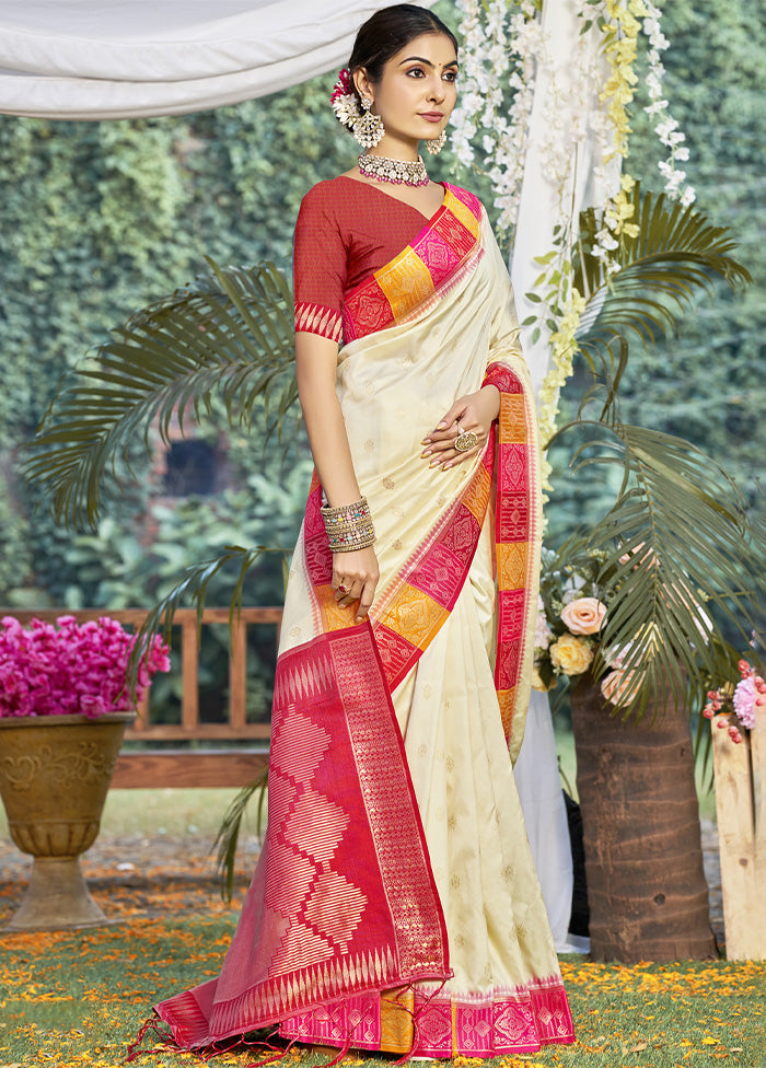 Cream Dupion Silk Saree With Blouse Piece