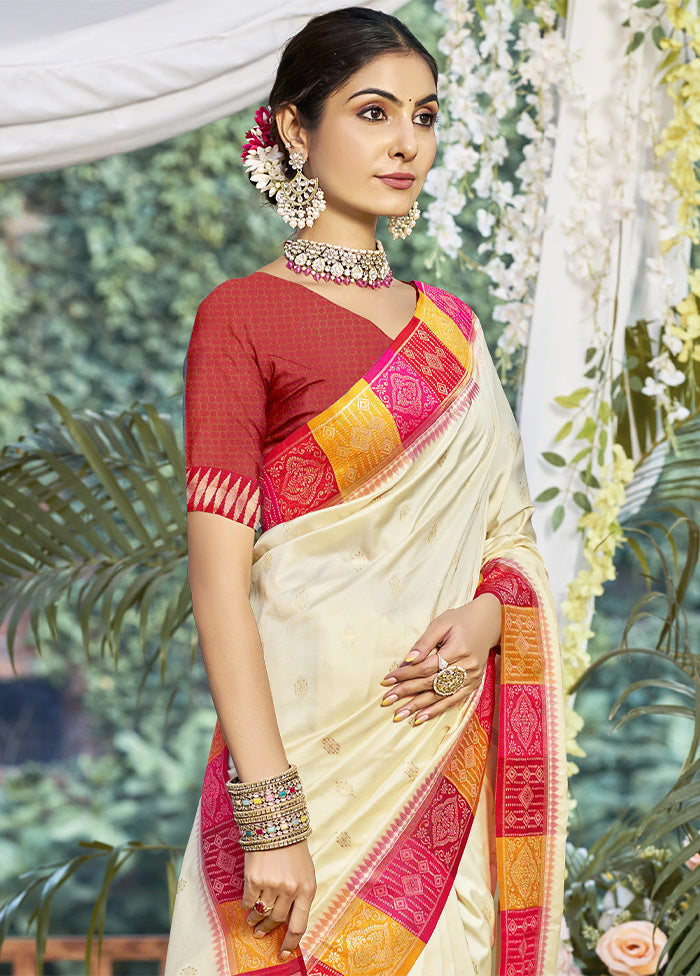 Cream Dupion Silk Saree With Blouse Piece