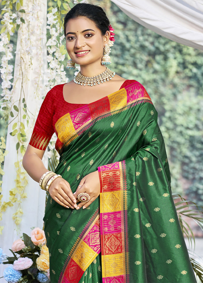 Dark Green Dupion Silk Saree With Blouse Piece