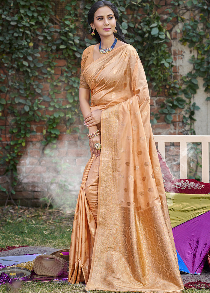 Peach Spun Silk Saree With Blouse Piece