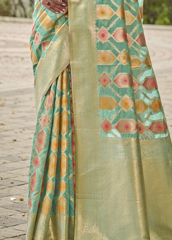 Teal Blue Organza Saree With Blouse Piece