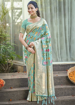 Teal Blue Organza Saree With Blouse Piece