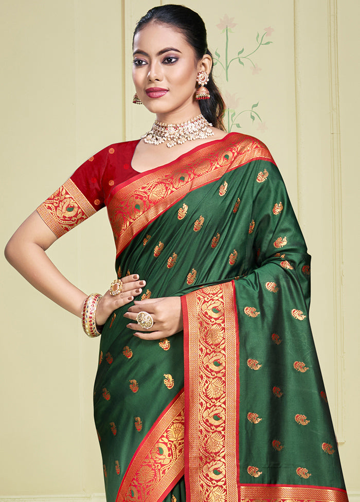 Bottle Green Dupion Silk Saree With Blouse Piece