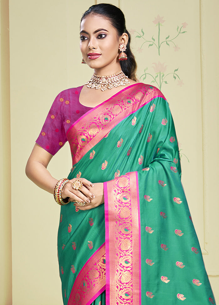 Teal Green Dupion Silk Saree With Blouse Piece