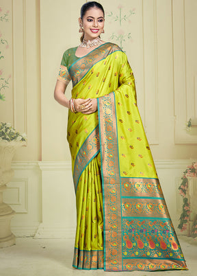 Parrot Green Dupion Silk Saree With Blouse Piece