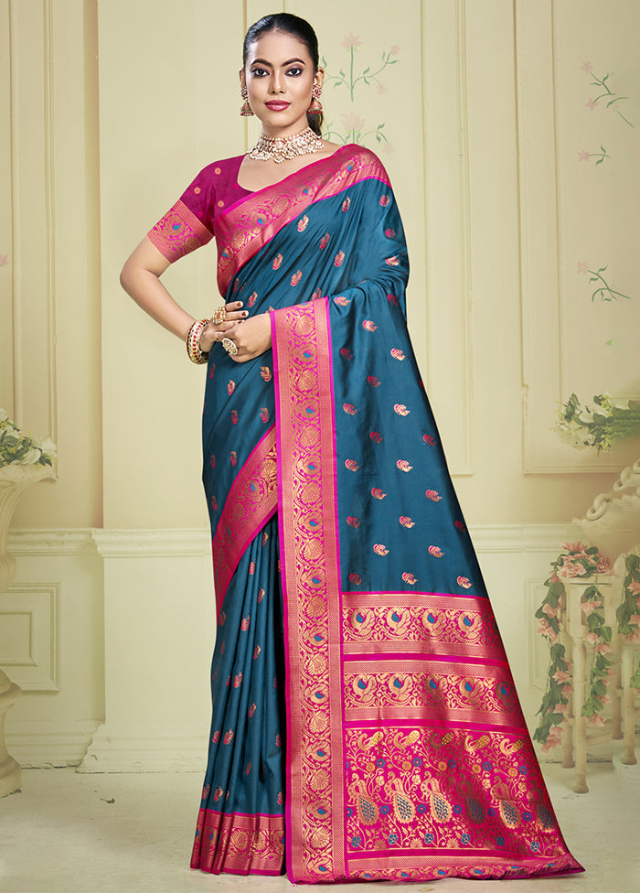 Blue Dupion Silk Saree With Blouse Piece