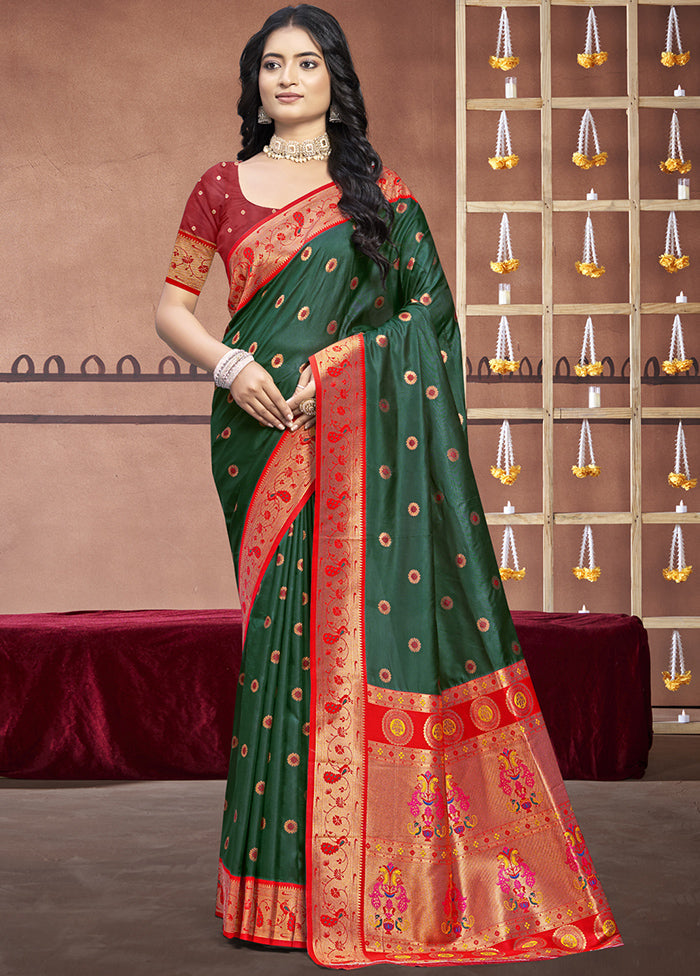 Bottle Green Dupion Silk Saree With Blouse Piece