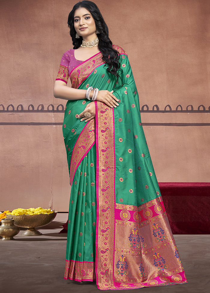 Teal Green Dupion Silk Saree With Blouse Piece