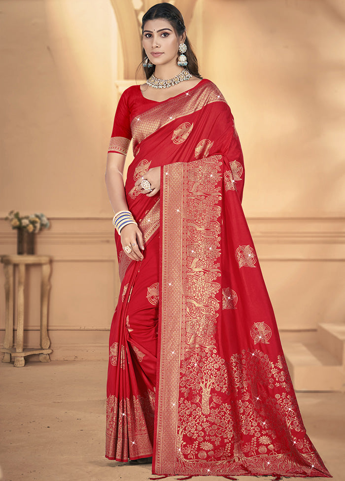 Red Spun Silk Saree With Blouse Piece