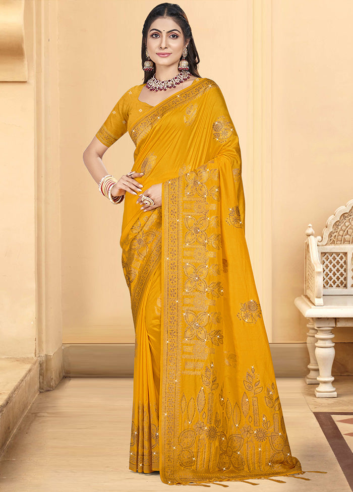 Yellow Spun Silk Saree With Blouse Piece