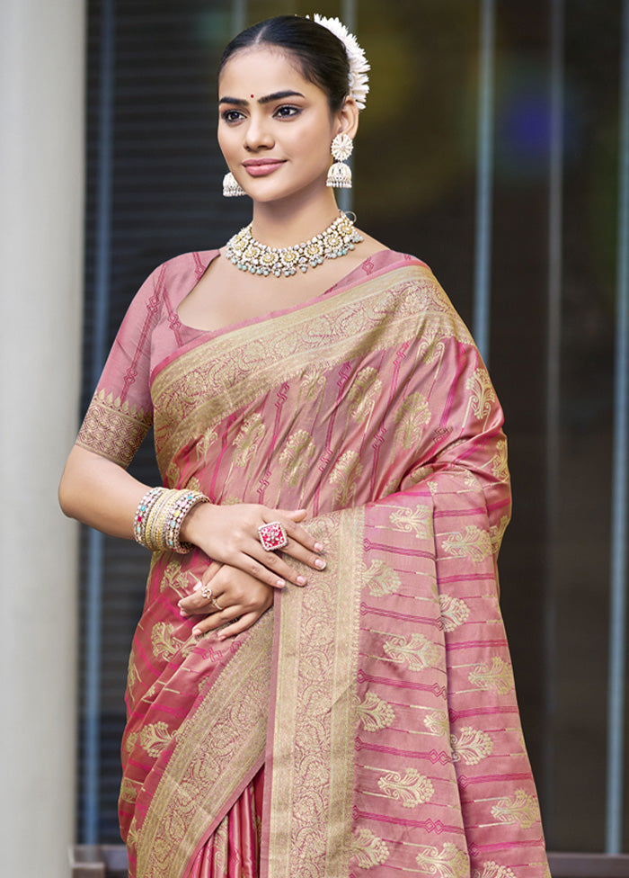 Pink Satin Silk Saree With Blouse Piece