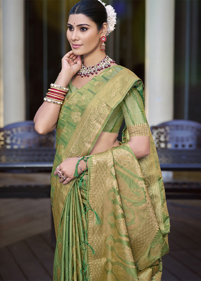 Green Satin Silk Saree With Blouse Piece